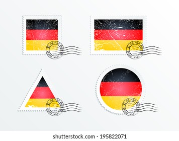 Flag of Germany. Stamps with the image of the flag. Stamp with flag. Triangular stamp, stamp rectangular, round stamp, square stamp. Mark in grungy style. Battered mark. Old label.