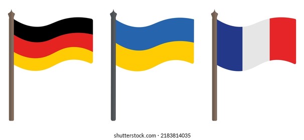 Flag of Germany, Ukraine and France. Set of color vector illustrations. Symbols of the states. Political themes. Flat style. National sign. Isolated background. Idea for web design.