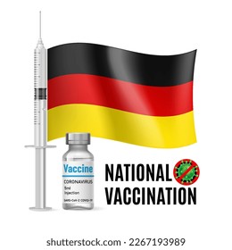 Flag of Germany with Vaccine Immunization Syringe and the Vial of Antibiotic for Vaccination. Concept of Health Care and National Vaccination with German flag