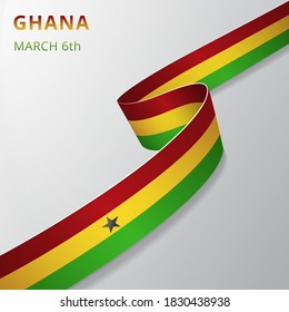 Flag of Ghana. 6th of March. Vector illustration. Wavy ribbon on gray background. Independence day. National symbol. Graphic design template