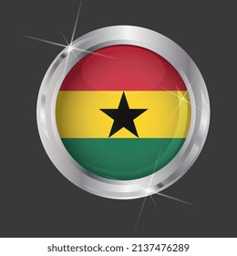 Flag of Ghana in circle. 3D effect. Glossy and shiny button with metal frame and sparkles. Light reflection. Round Graphic design element. Isolated on gray background. Vector image EPS 10. 