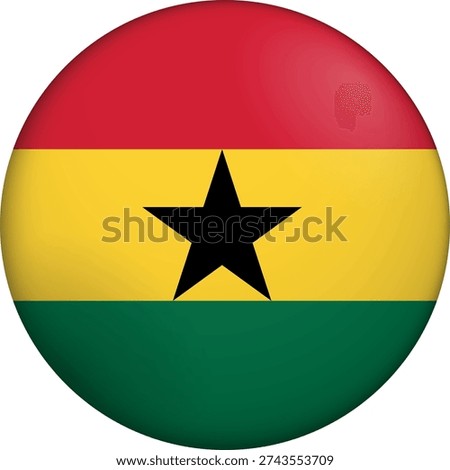 Flag of Ghana. Glossy circular flag. Button appearance. 3D Icon Design with depth. Professional, tactile look. Perfect for representing national identity in digital interfaces and perfect for websites.