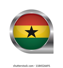 Flag of Ghana, location map pin, pointer flag, button with the reflection of light and shadow, silver frame, Icon country. Realistic vector illustration on white background.