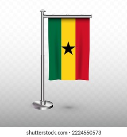 Flag of Ghana. Vector illustration of a vertical hanging flag with flagpole on a transparent background (PNG).