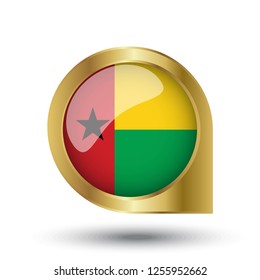 Flag of GhanaGuin Bissau, location map pin, pointer flag, button with the reflection of light and shadow, gold frame, Icon country. Realistic vector illustration on white background.