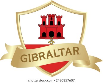 Flag of gibraltar as around the metal gold shield with gibraltar flag