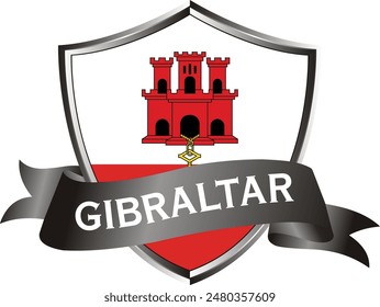 Flag of gibraltar as around the metal silver shield with gibraltar flag