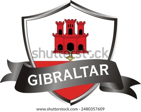 Flag of gibraltar as around the metal silver shield with gibraltar flag