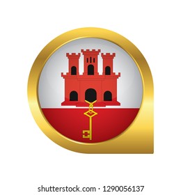 Flag of Gibraltar, location map pin, pointer flag, button with the reflection of light and shadow, gold frame, Icon country. Realistic vector illustration on white background.
