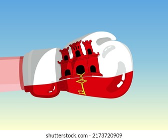 Flag of Gibraltar on boxing glove. Confrontation between countries with competitive power. Offensive attitude. Separation of power. Template ready design.