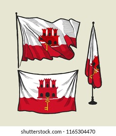 flag of Gibraltar on the wind and on the wall hand drawn illustration set