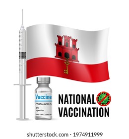 Flag of Gibraltar with Vaccine Immunization Syringe and the Vial of Antibiotic for Vaccination. Concept of Health Care and National Vaccination with flag design