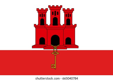 The flag of Gibraltar, white with a red stripe at the bottom, a three-towered red castle, in the middle tower hangs a gold key. Vector flat style illustration