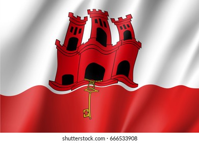 The flag of Gibraltar, white with a red stripe at the bottom, a three-towered red castle, in the middle tower hangs a gold key. Vector realistic style illustration