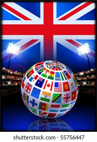 Globe de la bandera en partido de fútbol del estadio de Gran Bretaña Ilustración original