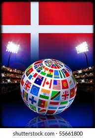 Flag Globe on Denmark Stadium Soccer Match Original Illustration