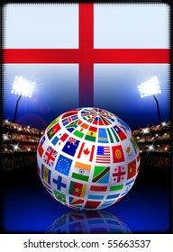 Flag Globe on England Stadium Soccer Match Original Illustration