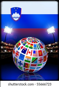 Flag Globe on Slovenia Stadium Soccer Match Original Illustration