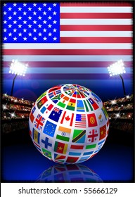 Globe de la bandera en partido de fútbol del estadio de los Estados Unidos Ilustración original