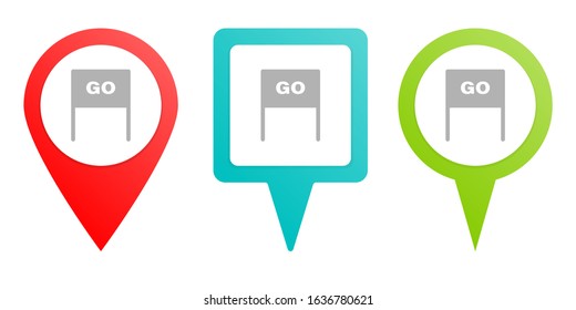 flag, go, launch. Multicolor pin vector icon, diferent type map and navigation point.
