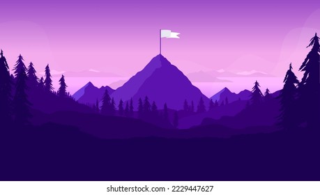 Flag goal on mountaintop - Mountain peak in landscape with waving flag on summit in dark purple colours. Business strategy, leadership, planning, and challenge concept.