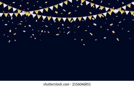 Marca de oro y plata confeti sobre la plantilla de diseño de concepto de fondo azul profundo vacaciones Feliz día, fondo Celebración ilustración Vector. celebración de la bandera Prohibición de la fiesta de marcos de Confetti y cintas