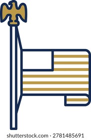 Of a flag with gold stripes and eagle finial on a pole