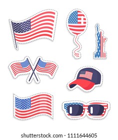 Flag Grand Union collection, wooden pole and flag of usa, glasses with flag print, balloon statue of Liberty, cap set isolated on vector illustration