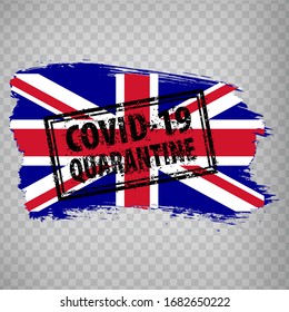 Flag of  Great Britain from brush strokes and  COVID-19 Quarantine rectangle grunge framed seal.  Black vector rectangle textured seal stamp with Coronavirus Quarantine text inside rectangle. EPS10.