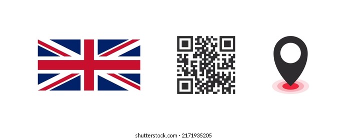 Flag of the Great Britain. Flag of the country, QR code with geolocation of the capital of the country. Vector images