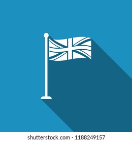 Flag of Great Britain on flagpole icon isolated with long shadow. UK flag sign. Official United Kingdom flag sign. British symbol. Flat design. Vector Illustration