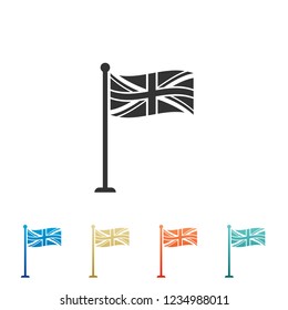 Flag of Great Britain on flagpole icon isolated on white background. UK flag sign. Official United Kingdom flag sign. British symbol. Set elements in colored icons. Flat design. Vector Illustration