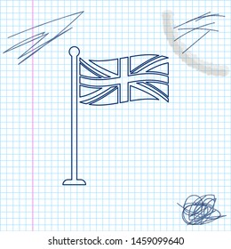 Flag of Great Britain on flagpole line sketch icon isolated on white background. UK flag sign. Official United Kingdom flag sign. British symbol. Vector Illustration