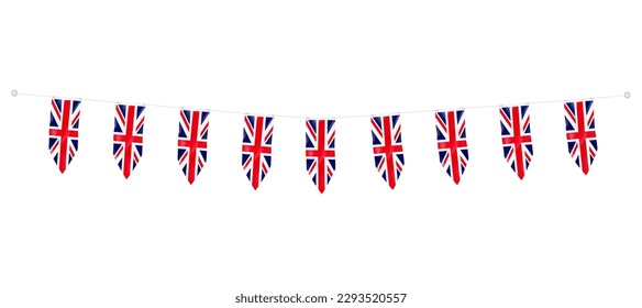 Flag of Great Britain pennant banner garland. Hanging textile United Kingdom flags. Holiday festoon bunting