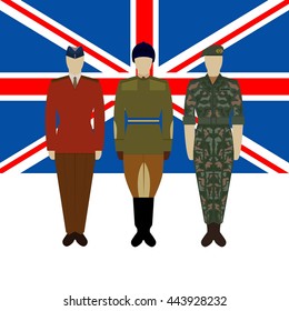 Flag of Great Britain and soldiers in the uniform of the British Army. The illustration on a white background.