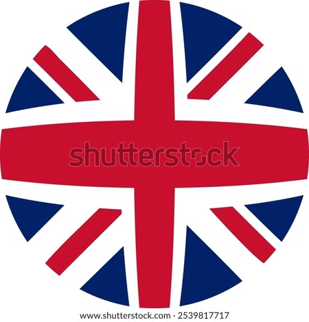 Flag of Great Britain (Union Jack) rendered in a circular shape with a simple and elegant design. The iconic national emblem features the classic colors