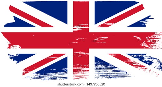 Flag of Great Britain, of the United Kingdom and Northern Ireland with grunge texture, brush stroke background, UK flag Vector template for english study schools