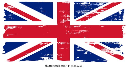 Flag of Great Britain, of the United Kingdom and Northern Ireland with grunge texture, brush stroke background, UK flag Vector template for english study schools