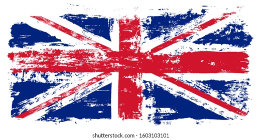 Flag of Great Britain, of the United Kingdom and Northern Ireland with grunge texture, brush stroke background, UK flag Vector template for english study schools