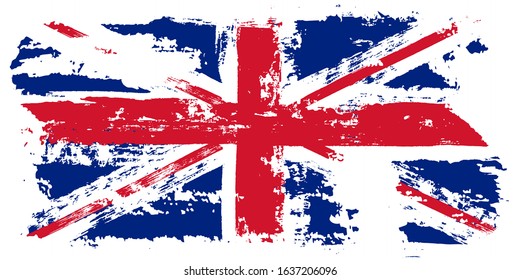 Flag of Great Britain, of the United Kingdom and Northern Ireland with grunge texture, brush stroke background, UK flag Vector template for english study schools