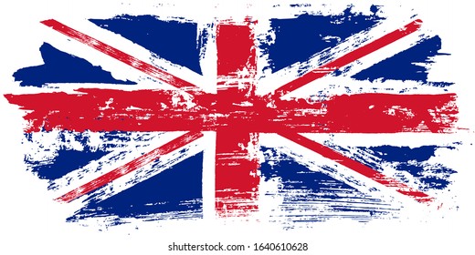 Flag of Great Britain, of the United Kingdom and Northern Ireland with grunge texture, brush stroke background, UK flag Vector template for english study schools