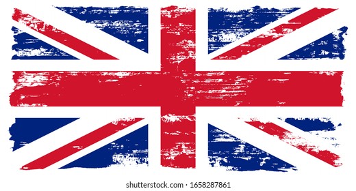 Flag of Great Britain, of the United Kingdom and Northern Ireland with grunge texture, brush stroke background, UK flag Vector template for english study schools