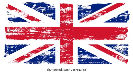 Flag Of Great Britain, Of The United Kingdom And Northern Ireland With Grunge Texture, Brush Stroke Background, UK Flag Vector Template For English Study Schools