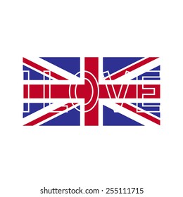 Flag of Great Britain with white contoured lettering I love on it isolated on white background. Design element