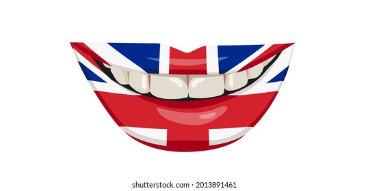 The flag of Great Britian on the lips. A woman' s smile with white teeth. Vector illustration.