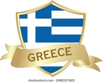 Flag of greece as around the metal gold shield with greece flag