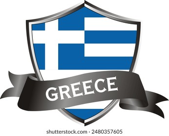 Flag of greece as around the metal silver shield with greece flag