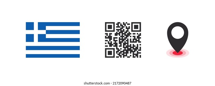 Flag of Greece. Flag of the country, QR code with location pointer. Vector images