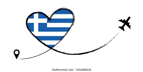 Flag Greece, Ellas. Heart, love romantic travel. Symbol of  airplane, air plane, aircraft, aeroplane, flying, fly jet airline. Line path. Vector location pointer route. Travel. 