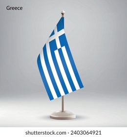 Flag of Greece hanging on a flag stand. Usable for summit or conference presentaiton